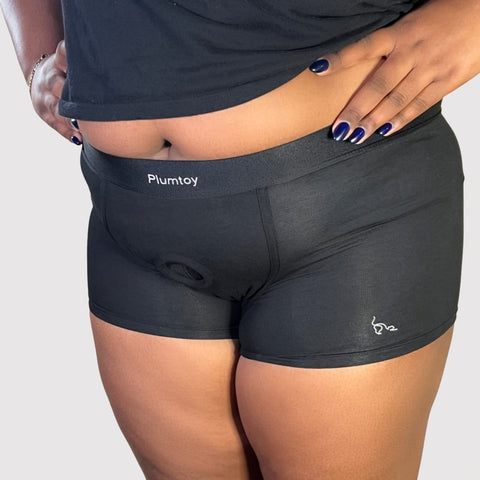 Plus-size model modeling gender-affirming boxers